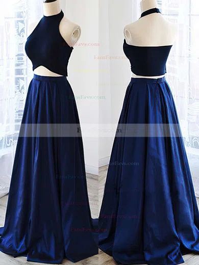 A-line Halter Satin Floor-length Prom Dresses #Favs020102737