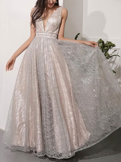 A-line V-neck Glitter Floor-length Beading Prom Dresses #Favs020106543