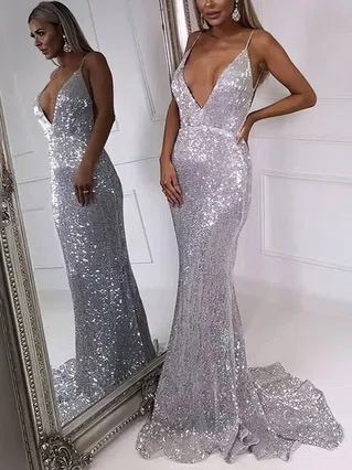 Trumpet/Mermaid V-neck Sequined Sweep Train Prom Dresses #Favs020106546 Trumpet/Mermaid V-neck Sequined Sweep Train Prom Dresses #Favs020106546