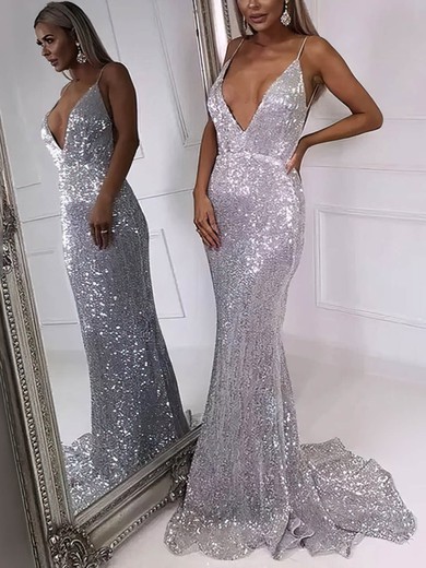 Trumpet/Mermaid V-neck Sequined Sweep Train Prom Dresses #Favs020106546