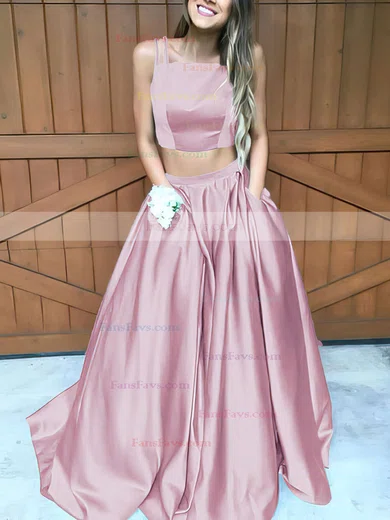 A-line Square Neckline Satin Sweep Train Pockets Prom Dresses #Favs020102754