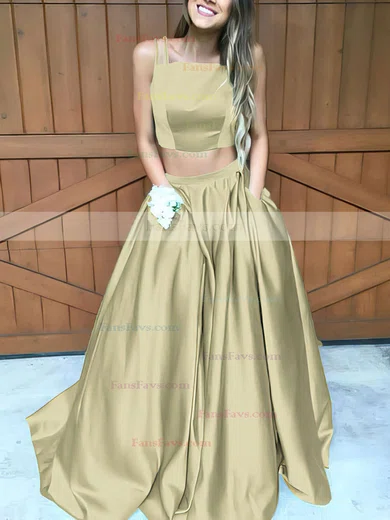 A-line Square Neckline Satin Sweep Train Pockets Prom Dresses #Favs020102754