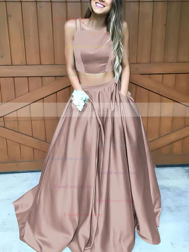 A-line Square Neckline Satin Sweep Train Pockets Prom Dresses #Favs020102754