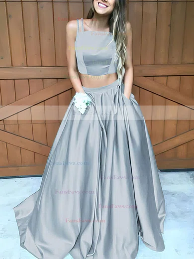 A-line Square Neckline Satin Sweep Train Pockets Prom Dresses #Favs020102754