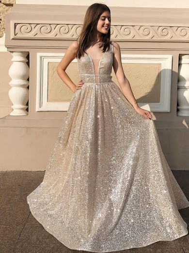 Princess V-neck Sequined Floor-length Prom Dresses #Favs020106548