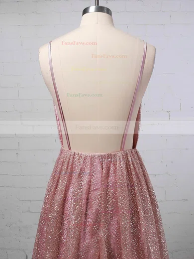 A-line V-neck Glitter Sweep Train Ruffles Prom Dresses #Favs020106556