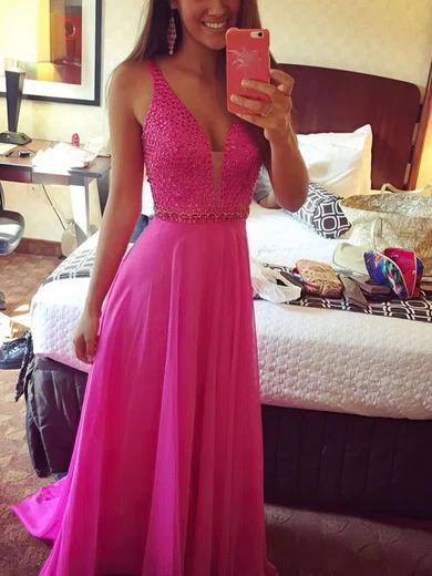 A-line V-neck Chiffon Sweep Train Beading Prom Dresses #Favs020102765