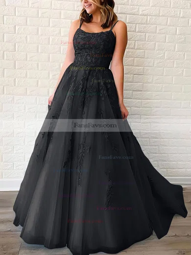 Princess Scoop Neck Tulle Sweep Train Appliques Lace Prom Dresses #Favs020106558
