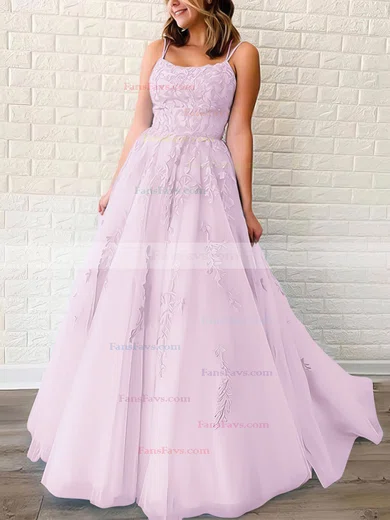 Princess Scoop Neck Tulle Sweep Train Appliques Lace Prom Dresses #Favs020106558