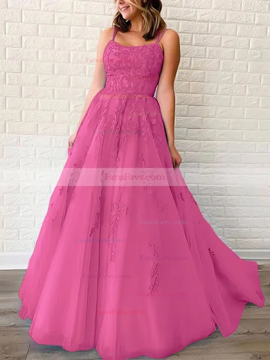 Princess Scoop Neck Tulle Sweep Train Appliques Lace Prom Dresses #Favs020106558