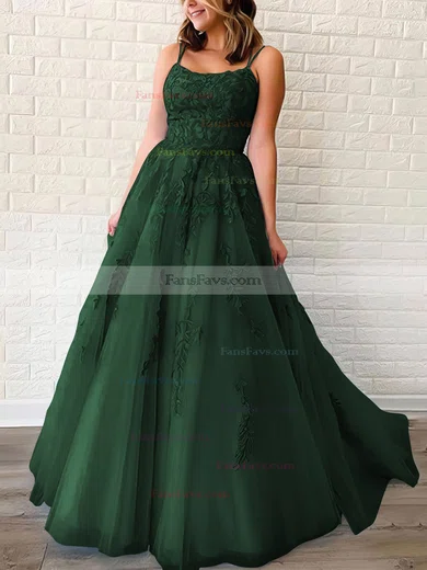 Princess Scoop Neck Tulle Sweep Train Appliques Lace Prom Dresses #Favs020106558