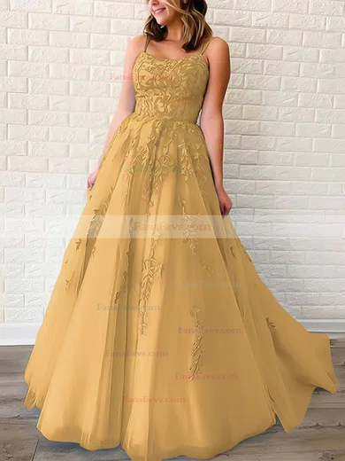 Princess Scoop Neck Tulle Sweep Train Appliques Lace Prom Dresses #Favs020106558