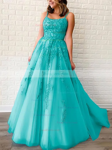 Princess Scoop Neck Tulle Sweep Train Appliques Lace Prom Dresses #Favs020106558