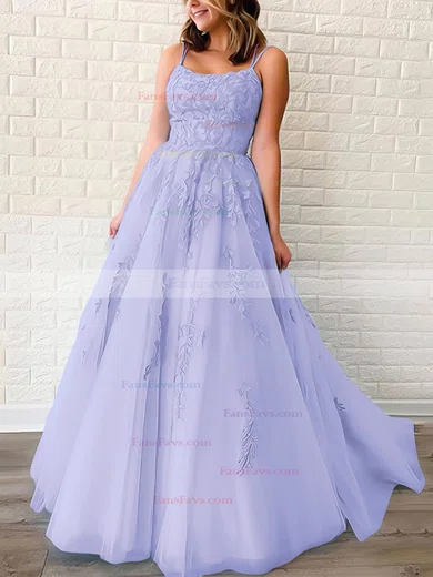 Princess Scoop Neck Tulle Sweep Train Appliques Lace Prom Dresses #Favs020106558
