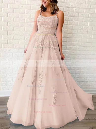 Princess Scoop Neck Tulle Sweep Train Appliques Lace Prom Dresses #Favs020106558