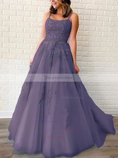 Princess Scoop Neck Tulle Sweep Train Appliques Lace Prom Dresses #Favs020106558