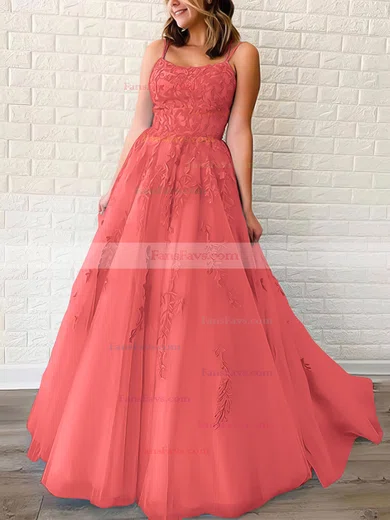 Princess Scoop Neck Tulle Sweep Train Appliques Lace Prom Dresses #Favs020106558