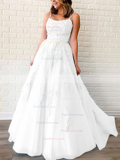 Princess Scoop Neck Tulle Sweep Train Appliques Lace Prom Dresses #Favs020106558