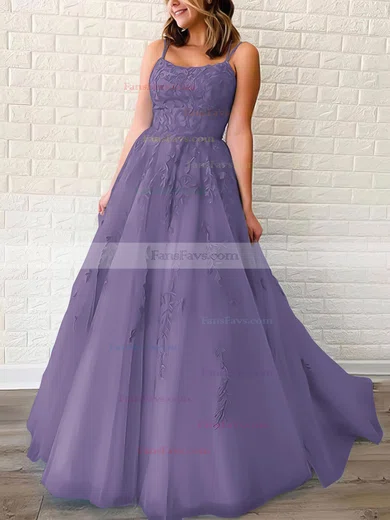 Princess Scoop Neck Tulle Sweep Train Appliques Lace Prom Dresses #Favs020106558