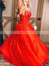 Princess Scoop Neck Tulle Sweep Train Appliques Lace Prom Dresses #Favs020106558