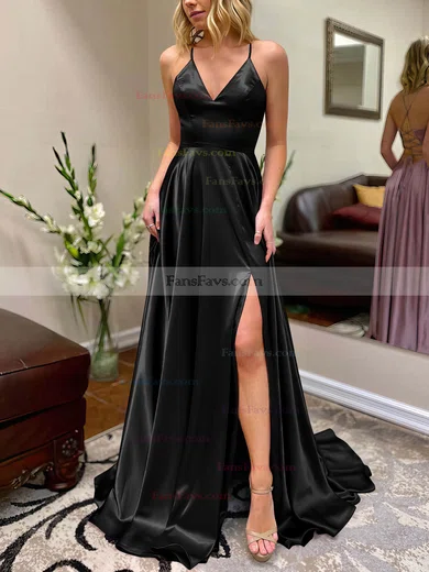 A-line V-neck Silk-like Satin Sweep Train Split Front Prom Dresses #Favs020106649