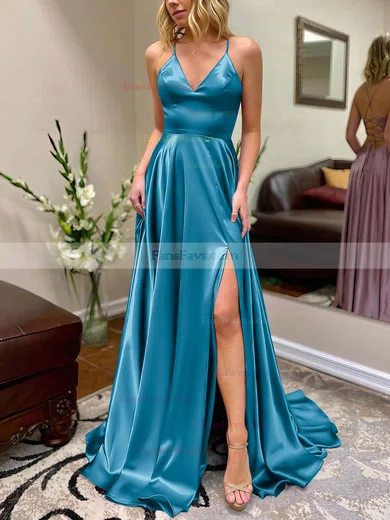 A-line V-neck Silk-like Satin Sweep Train Split Front Prom Dresses #Favs020106649