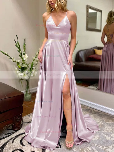A-line V-neck Silk-like Satin Sweep Train Split Front Prom Dresses #Favs020106649