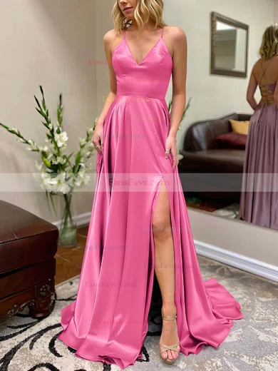 A-line V-neck Silk-like Satin Sweep Train Split Front Prom Dresses #Favs020106649