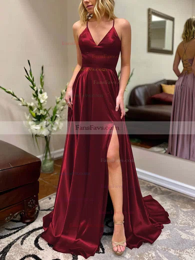 A-line V-neck Silk-like Satin Sweep Train Split Front Prom Dresses #Favs020106649