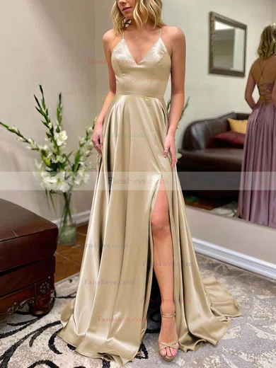 A-line V-neck Silk-like Satin Sweep Train Split Front Prom Dresses #Favs020106649