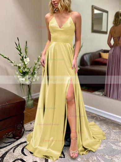A-line V-neck Silk-like Satin Sweep Train Split Front Prom Dresses #Favs020106649