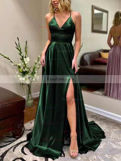 A-line V-neck Silk-like Satin Sweep Train Split Front Prom Dresses #Favs020106649