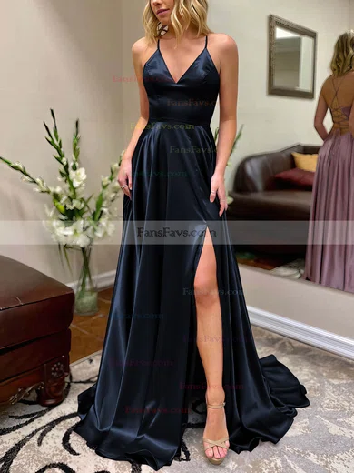 A-line V-neck Silk-like Satin Sweep Train Split Front Prom Dresses #Favs020106649