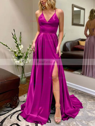 A-line V-neck Silk-like Satin Sweep Train Split Front Prom Dresses #Favs020106649