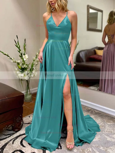 A-line V-neck Silk-like Satin Sweep Train Split Front Prom Dresses #Favs020106649