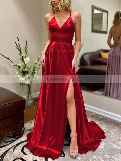 A-line V-neck Silk-like Satin Sweep Train Split Front Prom Dresses #Favs020106649