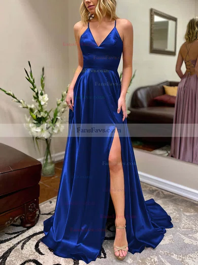A-line V-neck Silk-like Satin Sweep Train Split Front Prom Dresses #Favs020106649