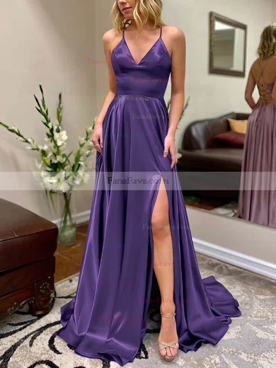 A-line V-neck Silk-like Satin Sweep Train Split Front Prom Dresses #Favs020106649