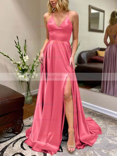 A-line V-neck Silk-like Satin Sweep Train Split Front Prom Dresses #Favs020106649