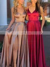 A-line V-neck Silk-like Satin Sweep Train Split Front Prom Dresses #Favs020106649