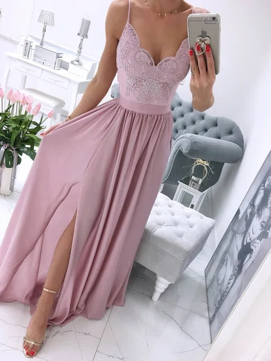 A-line V-neck Chiffon Sweep Train Appliques Lace Prom Dresses #Favs020106661