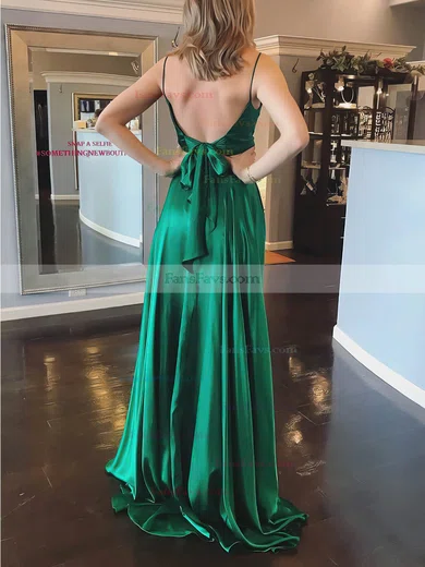 A-line V-neck Satin Sweep Train Pockets Prom Dresses #Favs020106705