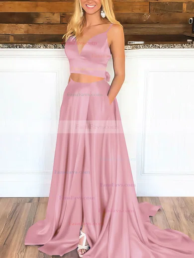 A-line V-neck Satin Sweep Train Pockets Prom Dresses #Favs020106705