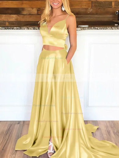 A-line V-neck Satin Sweep Train Pockets Prom Dresses #Favs020106705