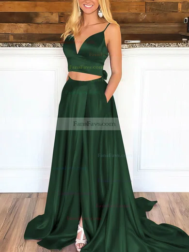 A-line V-neck Satin Sweep Train Pockets Prom Dresses #Favs020106705