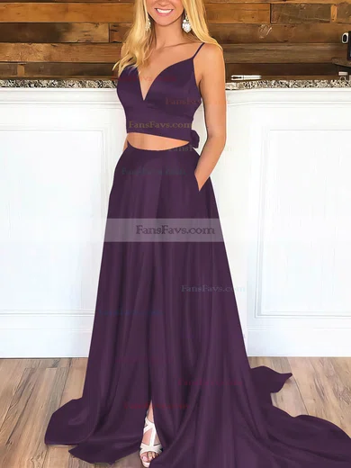 A-line V-neck Satin Sweep Train Pockets Prom Dresses #Favs020106705