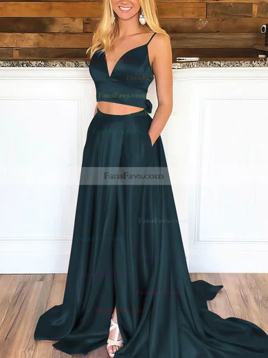 A-line V-neck Satin Sweep Train Pockets Prom Dresses #Favs020106705
