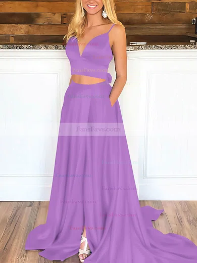 A-line V-neck Satin Sweep Train Pockets Prom Dresses #Favs020106705