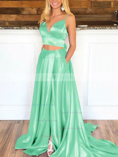 A-line V-neck Satin Sweep Train Pockets Prom Dresses #Favs020106705