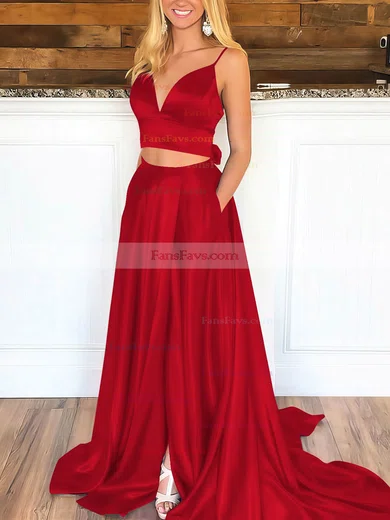 A-line V-neck Satin Sweep Train Pockets Prom Dresses #Favs020106705